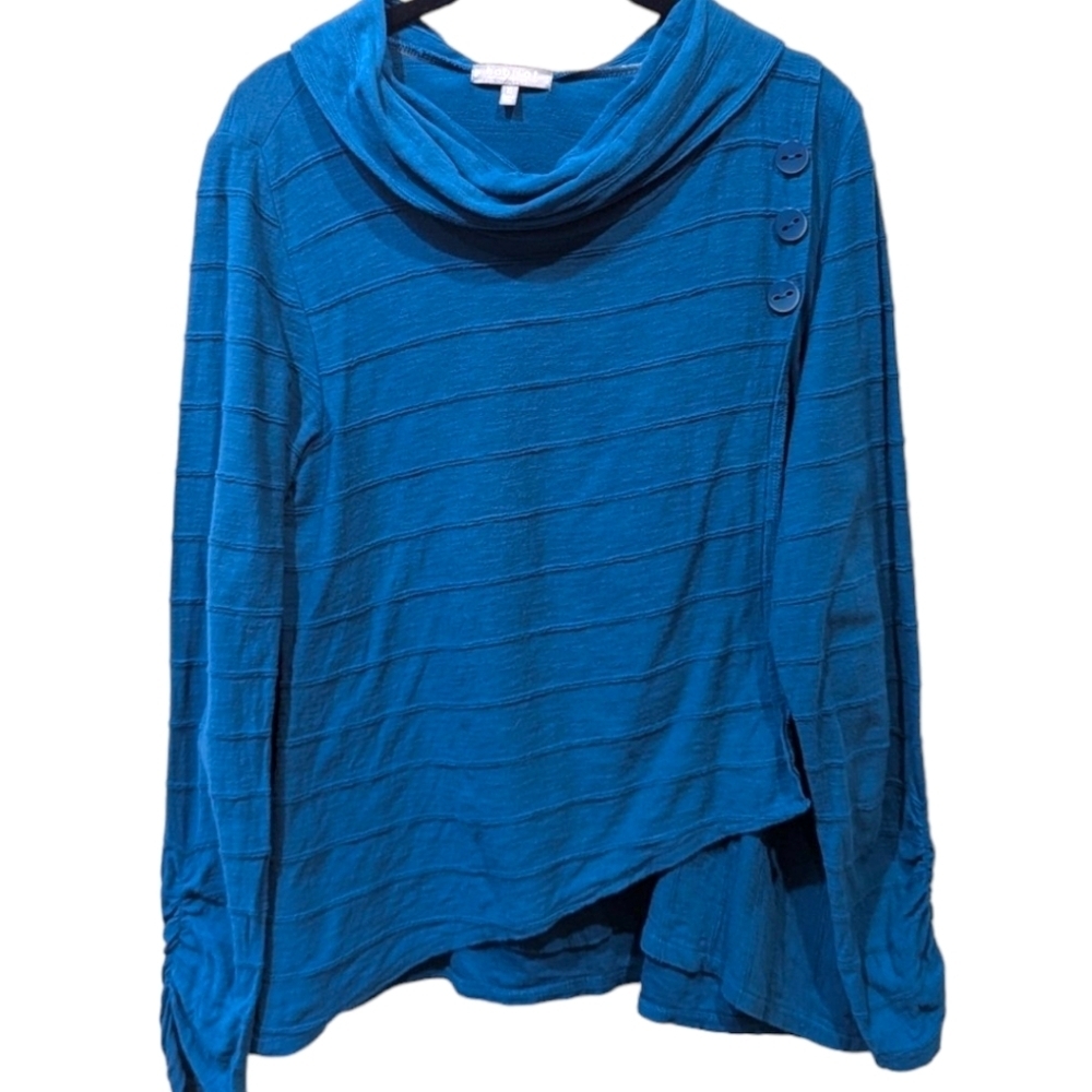 Habitat Teal Cowl Neck Asymmetrical Button Neck Long Sleeve Lagenlook Top (XS)
